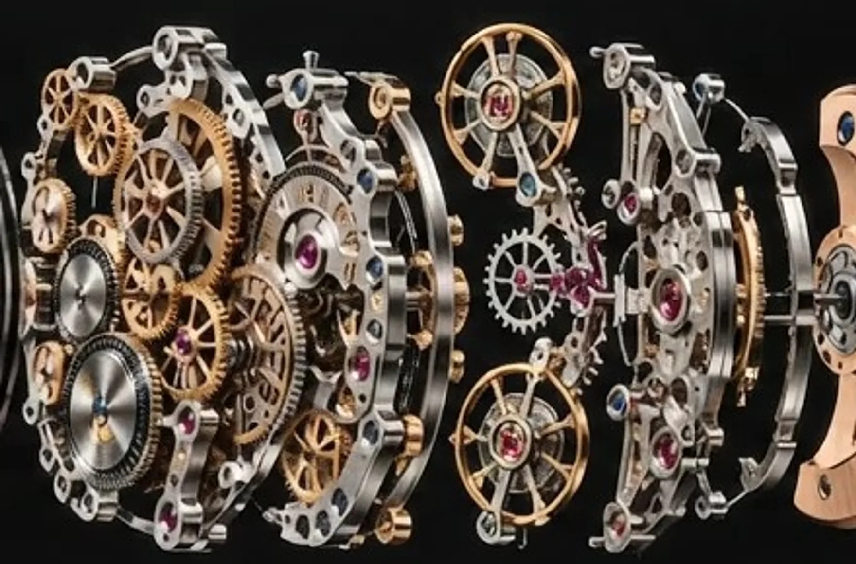Macro view of the skeletonised gear train and twin balance wheels set with ruby jewels.