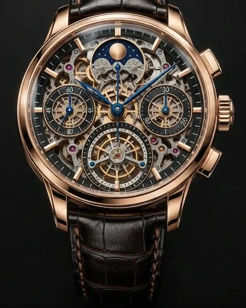 The skeletonised dial with moonphase aperture and blued hands.